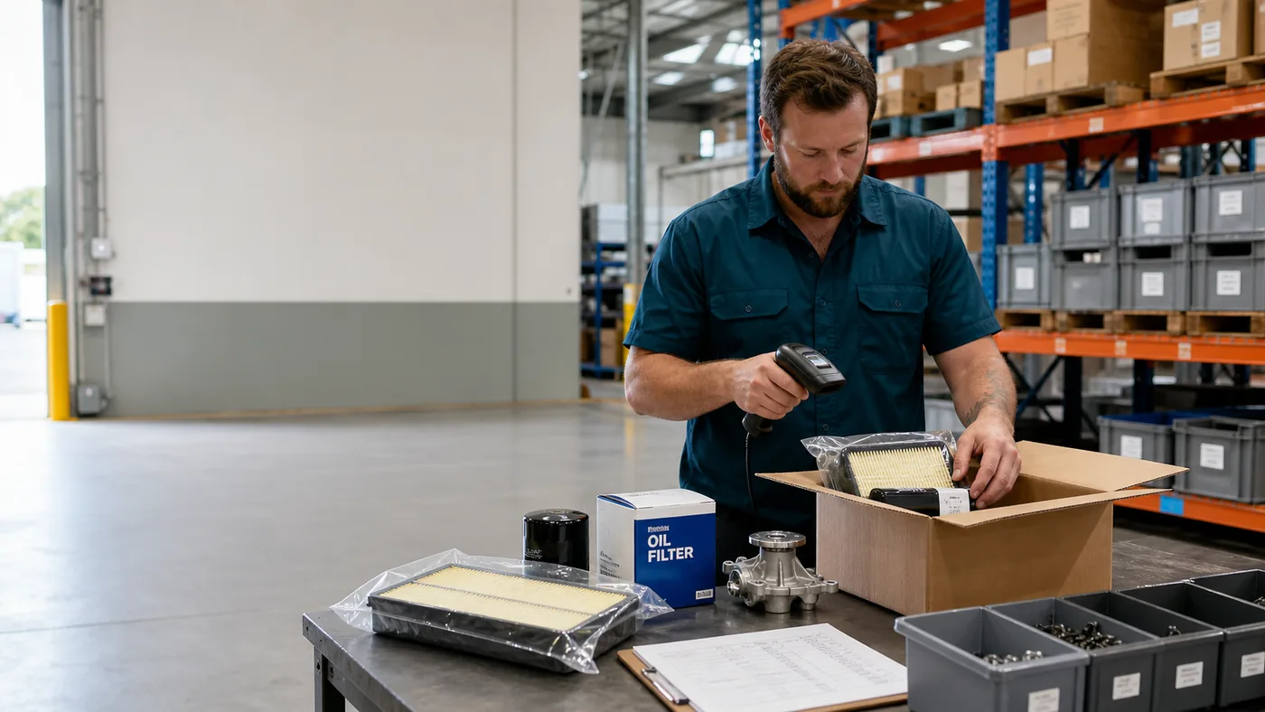 DriveMate warehouse worker scanning and packing automotive parts in Brisbane